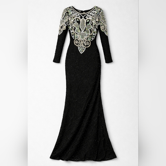Vingage Elegant Black and Green Sequin Pearl Embellished Dress Silk India